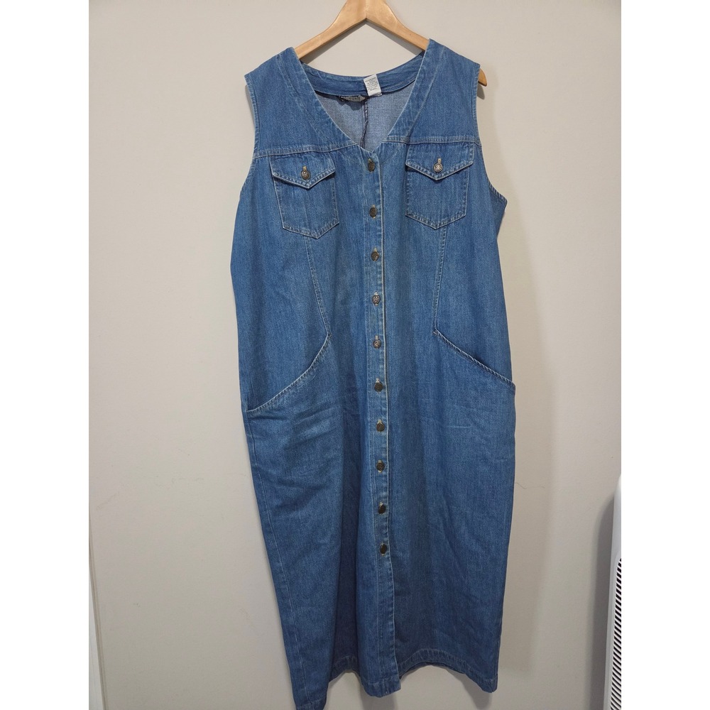 Vintage Chorus Line Denim Maxi Dress Women 20 Button Front Sleeveless Jumper USA